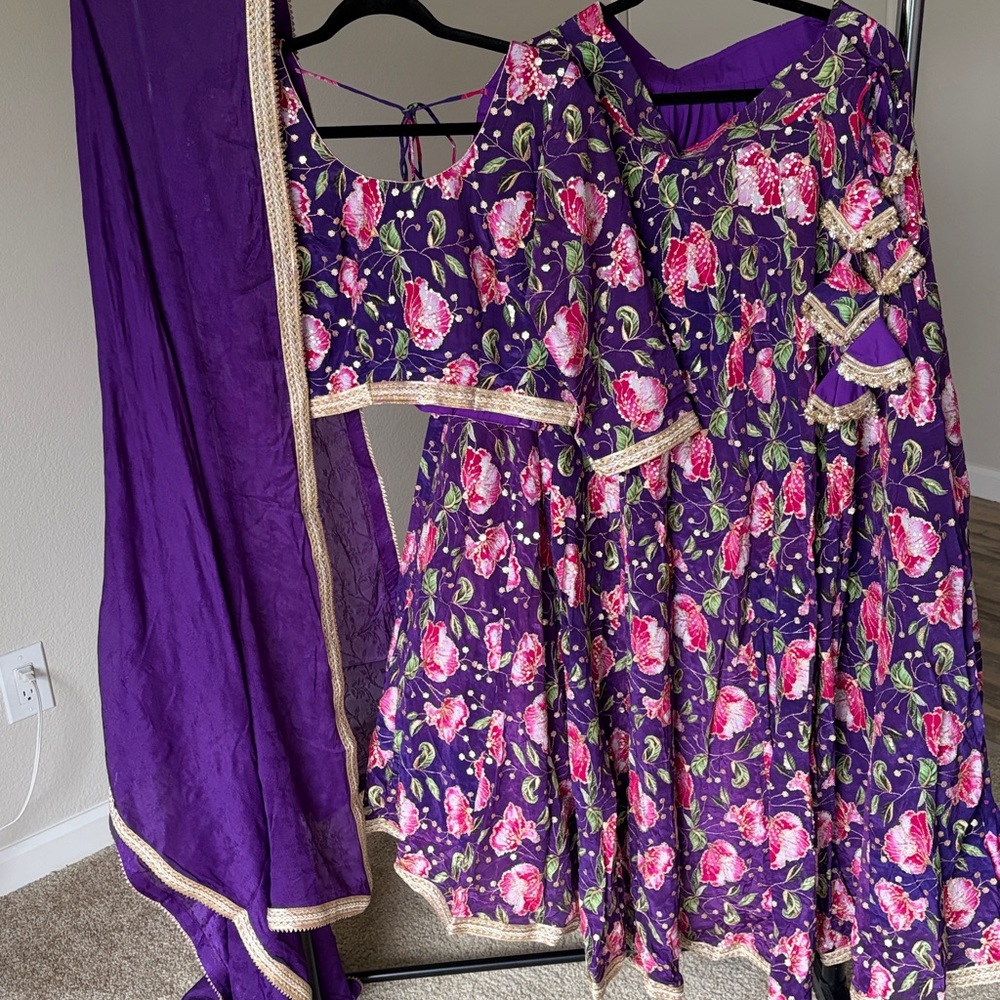 BRAND NEW Vibrant Purple Floral Dress with Gold Accents Indian  lehenga